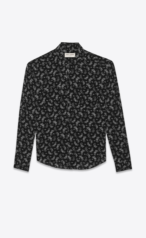 SAINT LAURENT Klassische Hemden Herren Klassische Hemdbluse aus schwarzer Seide mit Motorrad-Print a_V4